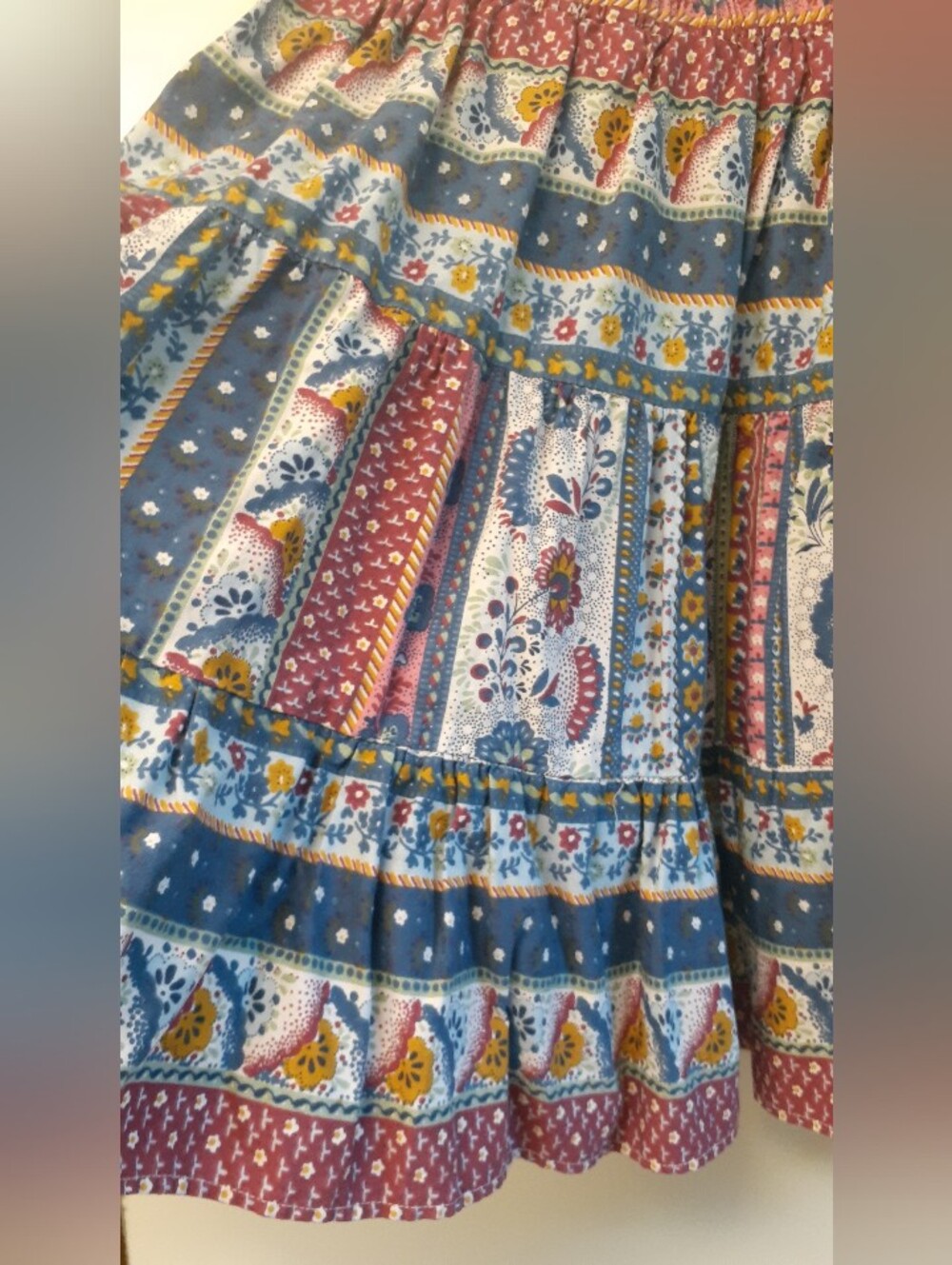 Boho Tiered Floral Patchwork Skirt - Blue & Red - Picture 3 of 6